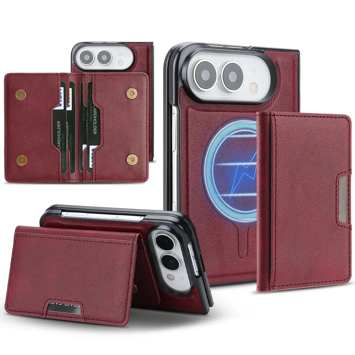 Buy Detachable Magnetic Wallet & Slim Cover with Kickstand Function, 5 Card Slots, High-End PU Leather & Strong MagSafe Adsorption for iPhone Duo - LORN at Caseles-iPhone Duo, Burgundy