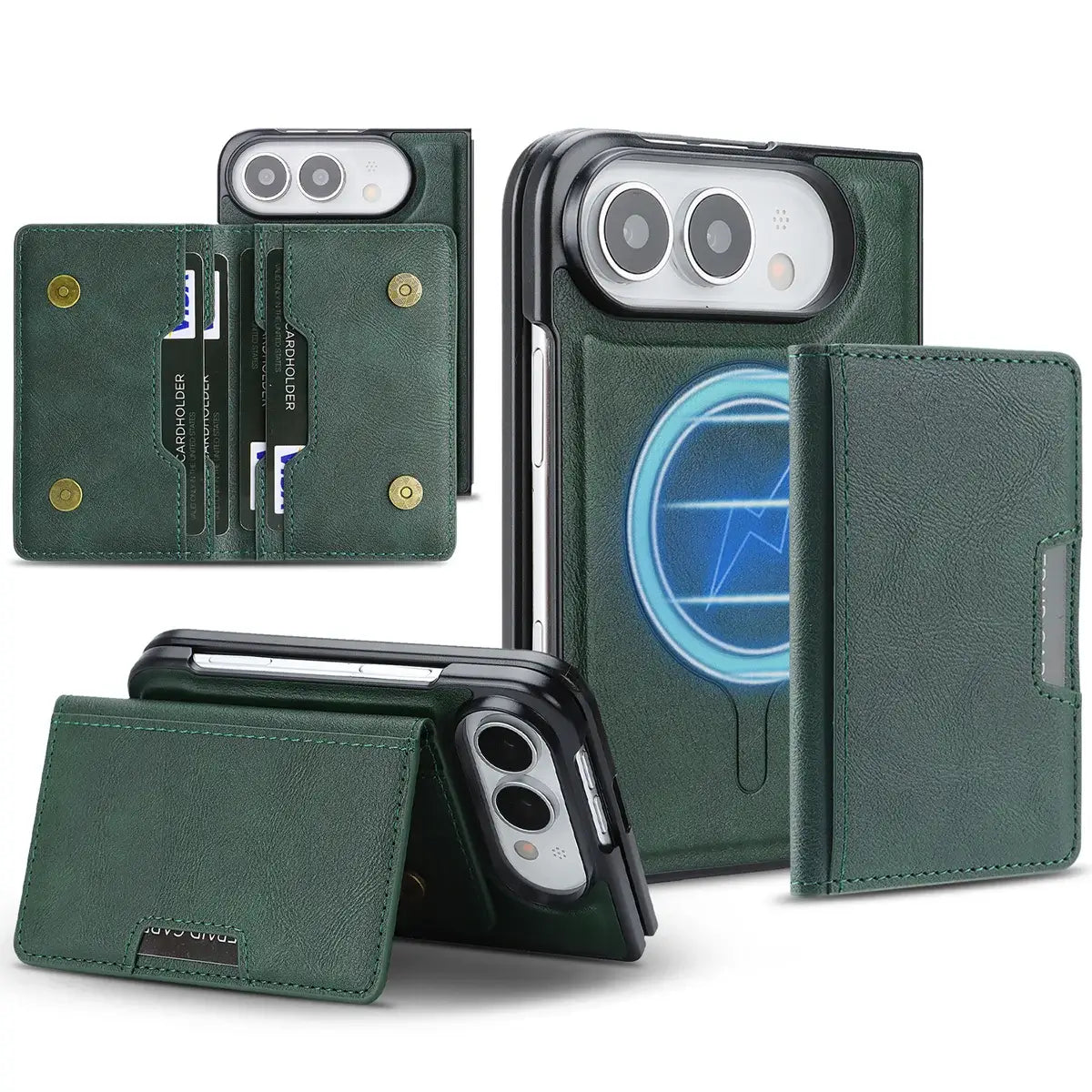 Buy Detachable Magnetic Wallet & Slim Cover with Kickstand Function, 5 Card Slots, High-End PU Leather & Strong MagSafe Adsorption for iPhone Duo - LORN at Caseles-iPhone Duo, Green
