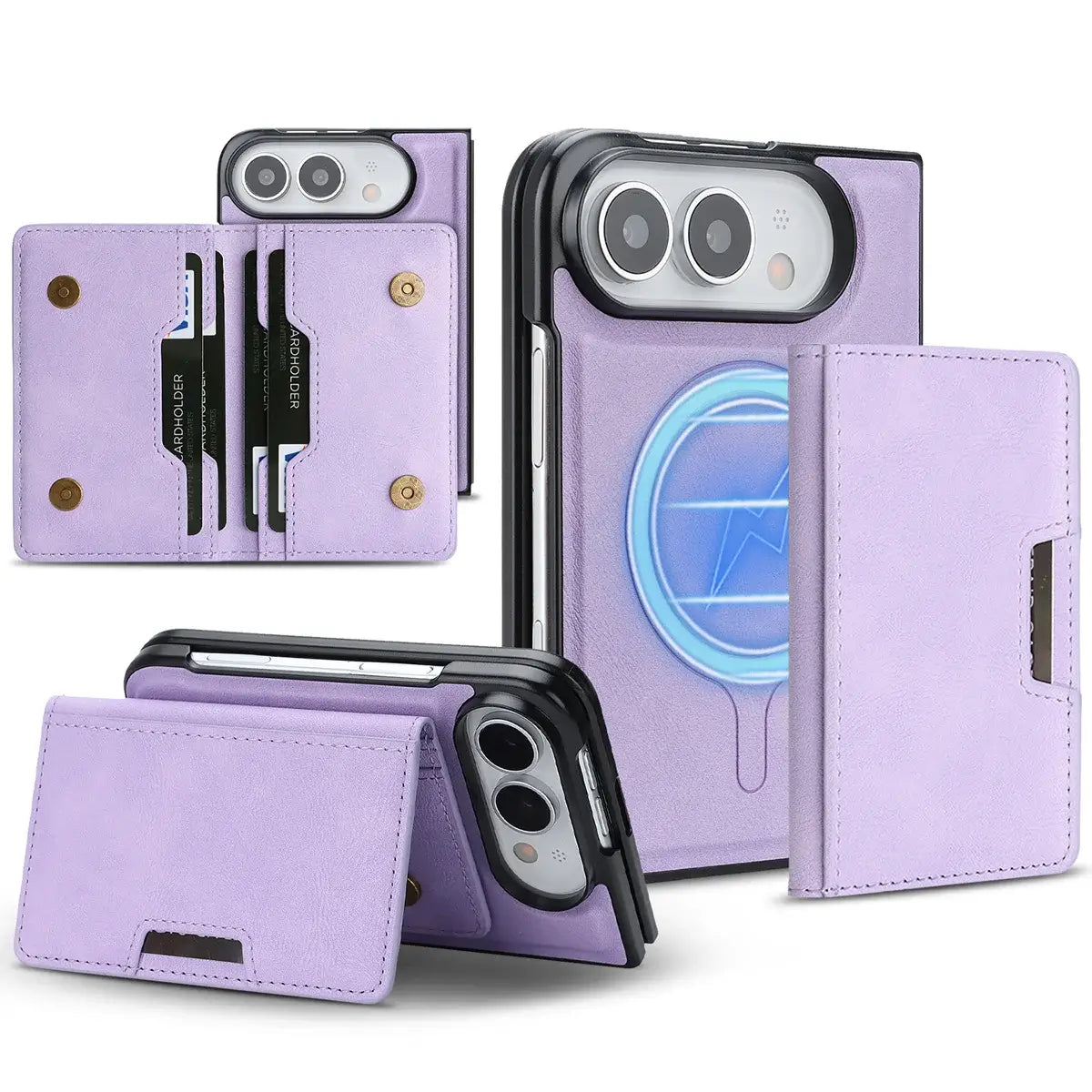 Buy Detachable Magnetic Wallet & Slim Cover with Kickstand Function, 5 Card Slots, High-End PU Leather & Strong MagSafe Adsorption for iPhone Duo - LORN at Caseles-iPhone Duo, Purple