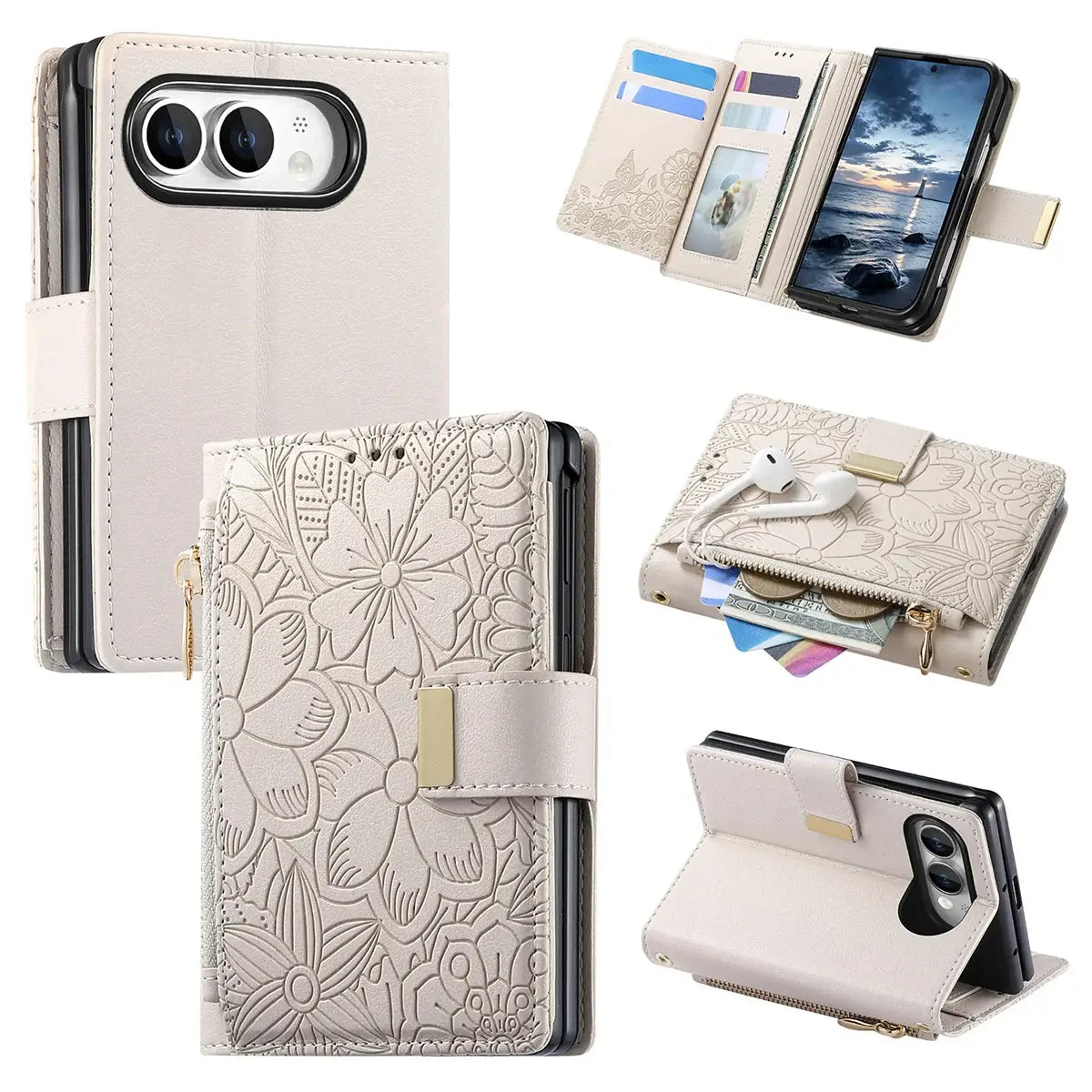 Buy Vegan Leather Flip Case with Multi-Card Slots, Zipper Pocket, Hands-Free Kickstand & Drop-Resistant Defense - MAVE at Caseles-iPhone Ultra, Beige