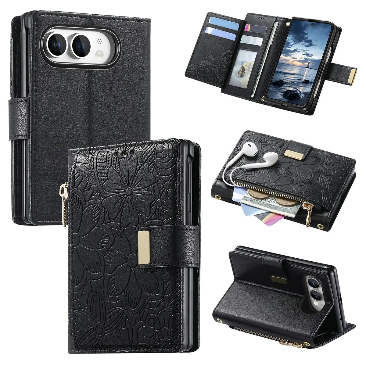 Buy Vegan Leather Flip Case with Multi-Card Slots, Zipper Pocket, Hands-Free Kickstand & Drop-Resistant Defense - MAVE at Caseles-iPhone Ultra, Black
