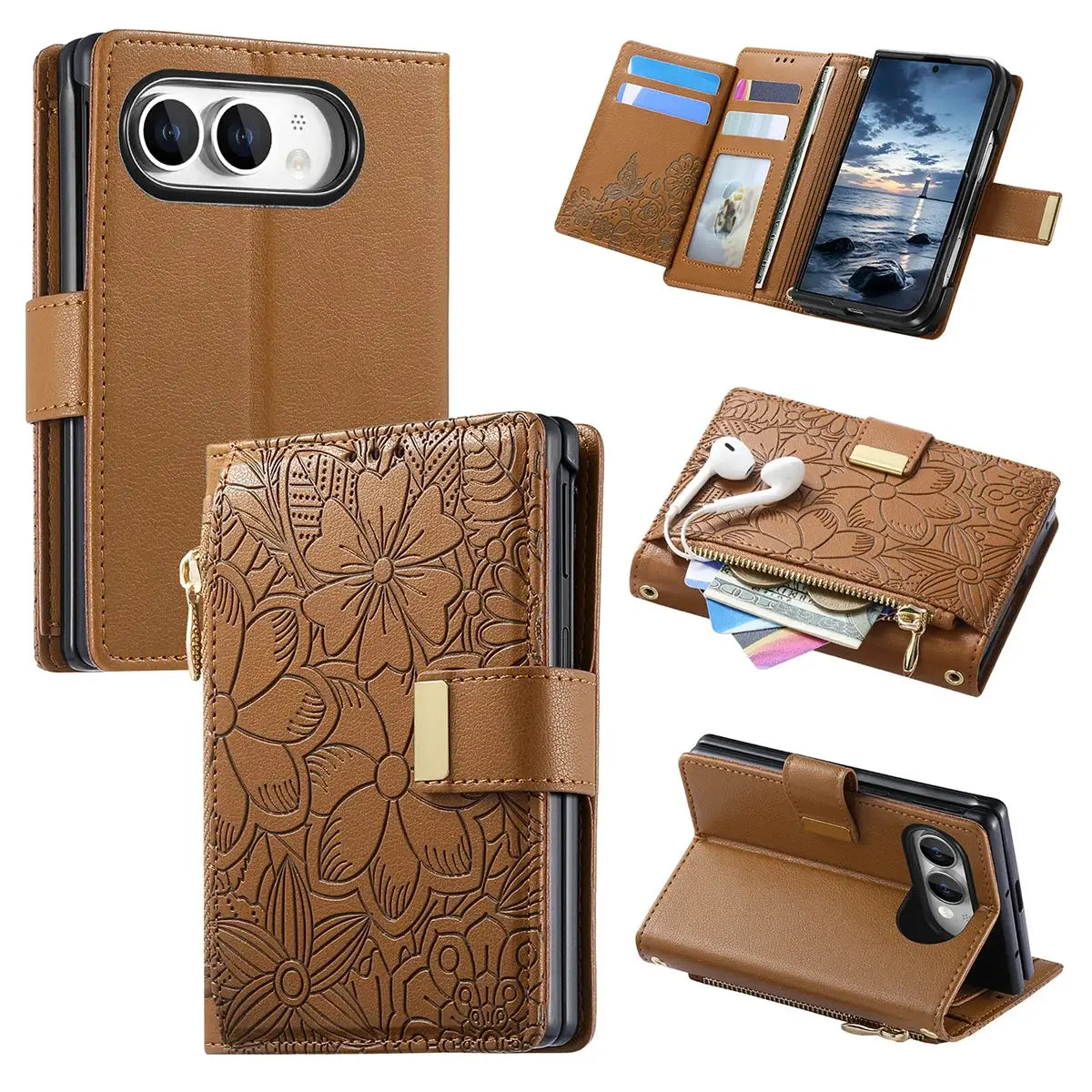 Buy Vegan Leather Flip Case with Multi-Card Slots, Zipper Pocket, Hands-Free Kickstand & Drop-Resistant Defense - MAVE at Caseles-iPhone Ultra, Brown