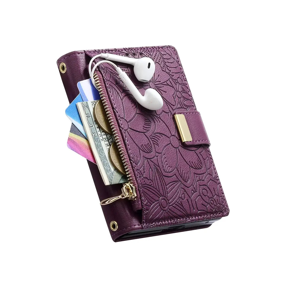 Buy Vegan Leather Flip Case with Multi-Card Slots, Zipper Pocket, Hands-Free Kickstand & Drop-Resistant Defense - MAVE at Caseles-iPhone Ultra, Purple