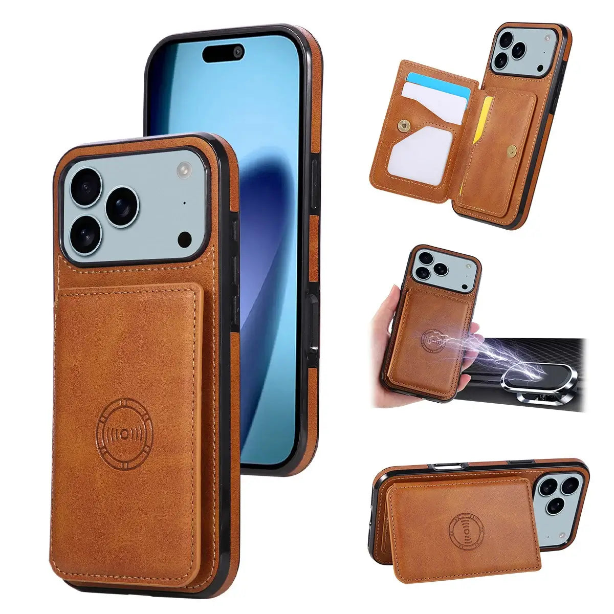 Buy Leather Wallet Case for iPhone with 4 Card Holder, RFID Protection & Car Mount Ready - MAVERICK at Caseles-iPhone 17 Pro Max, Brown
