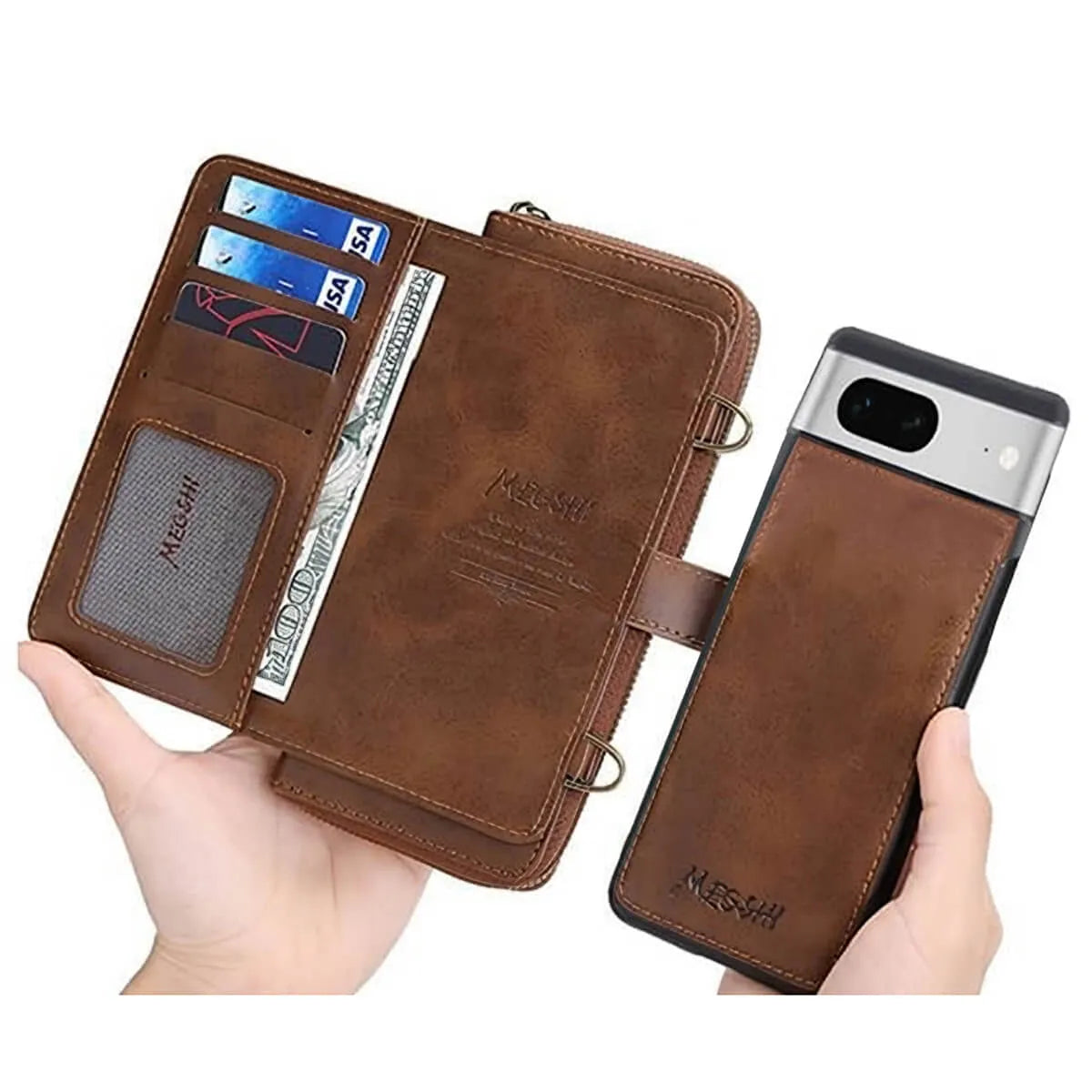 Buy Classic Crossbody Detachable Magnetic Wallet Phone Case For Pixel Phone, High Capacity with Strap - MELON at Caseles-Google Pixel 9 Pro XL, Melon-Brown