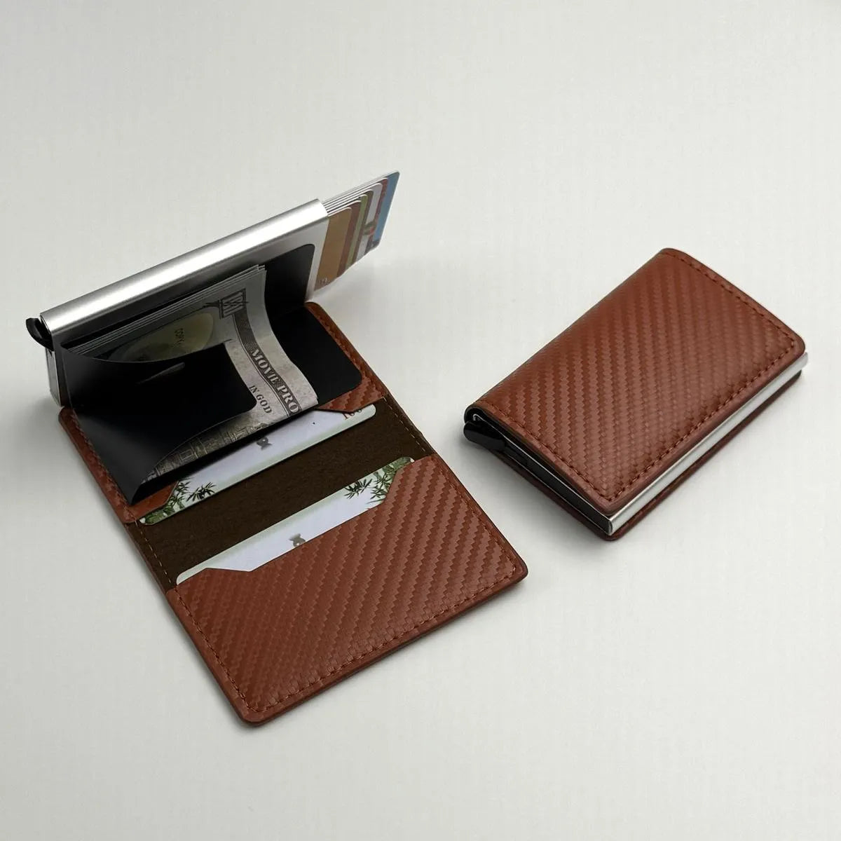 Buy Men's wallet with multiple card slots, automatic pop-up metal card box, RFID anti-theft brush, carbon fiber card holder - MINI BIFOLD WALLET at Caseles-Khaki, 