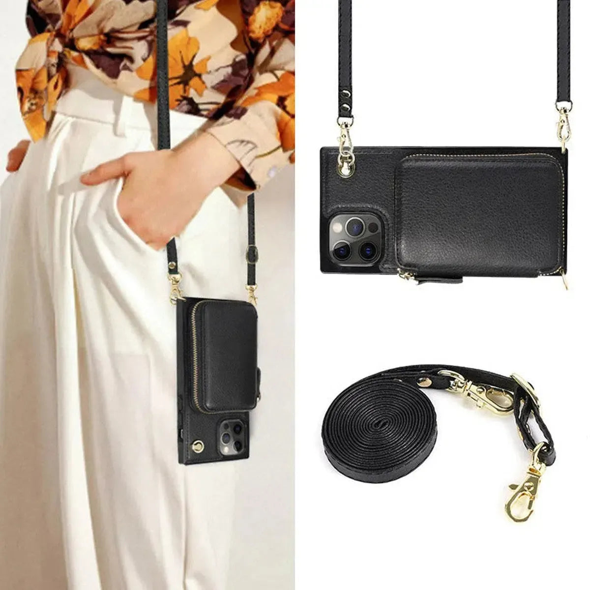 Buy Classic Crossbody Wallet Phone Case, Premium Leather, Credit Card Holder, Zipper Pocket Purse Handbag, Kickstand Shockproof Case - MIREYA at Caseles-iPhone 17 Pro Max, Mireya-Black