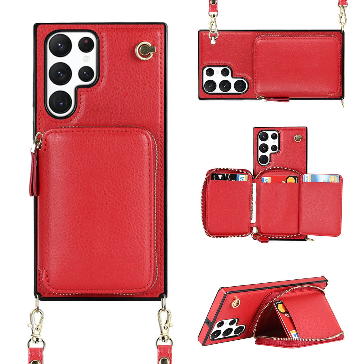 Buy Classic Crossbody Wallet Phone Case, Premium Leather, Credit Card Holder, Zipper Pocket Purse Handbag, Kickstand Shockproof Case - MOHINI at Caseles-Samsung Galaxy S25 Ultra, Mireya-Red