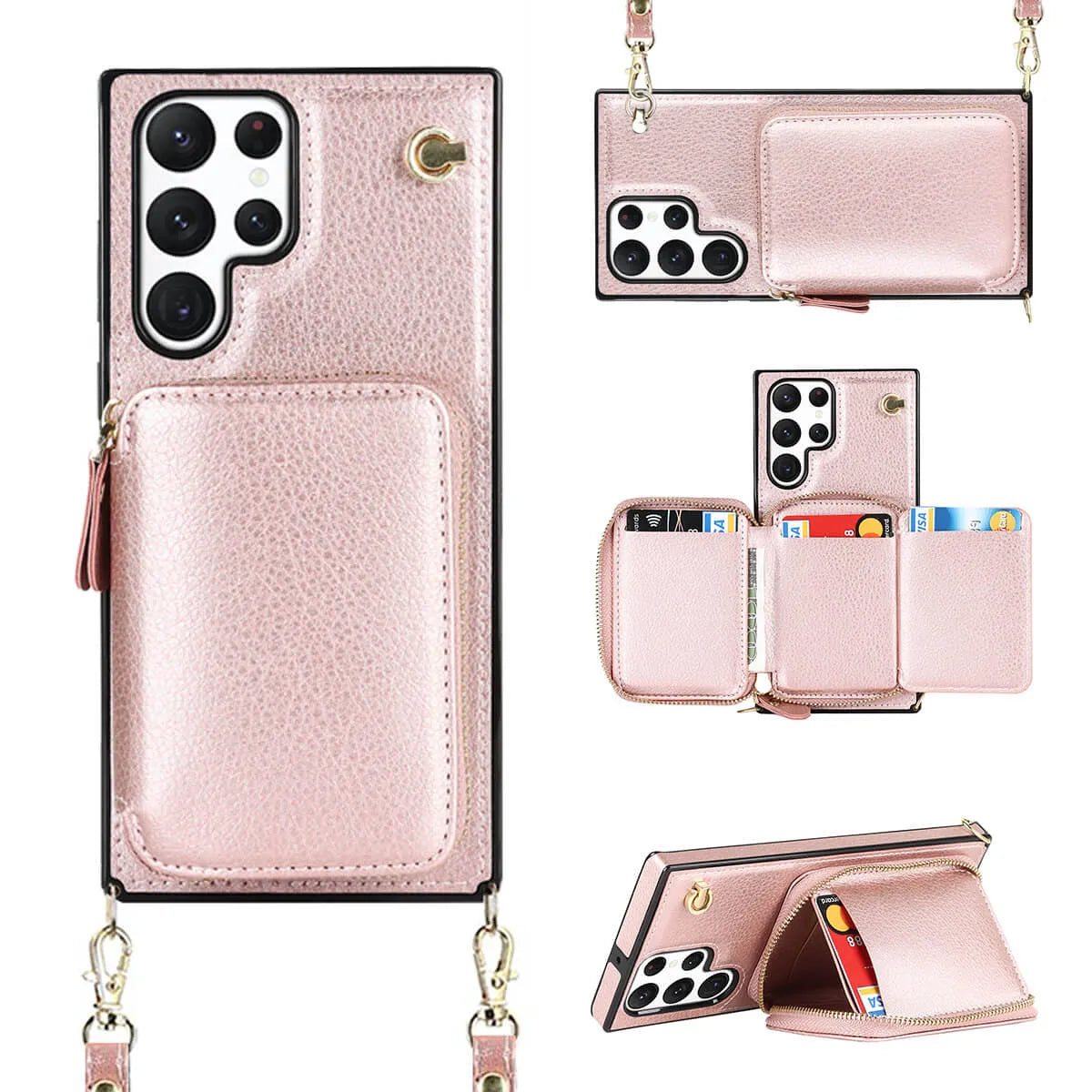 Buy Classic Crossbody Wallet Phone Case, Premium Leather, Credit Card Holder, Zipper Pocket Purse Handbag, Kickstand Shockproof Case - MOHINI at Caseles-Samsung Galaxy S25 Ultra, Mohini-Pink