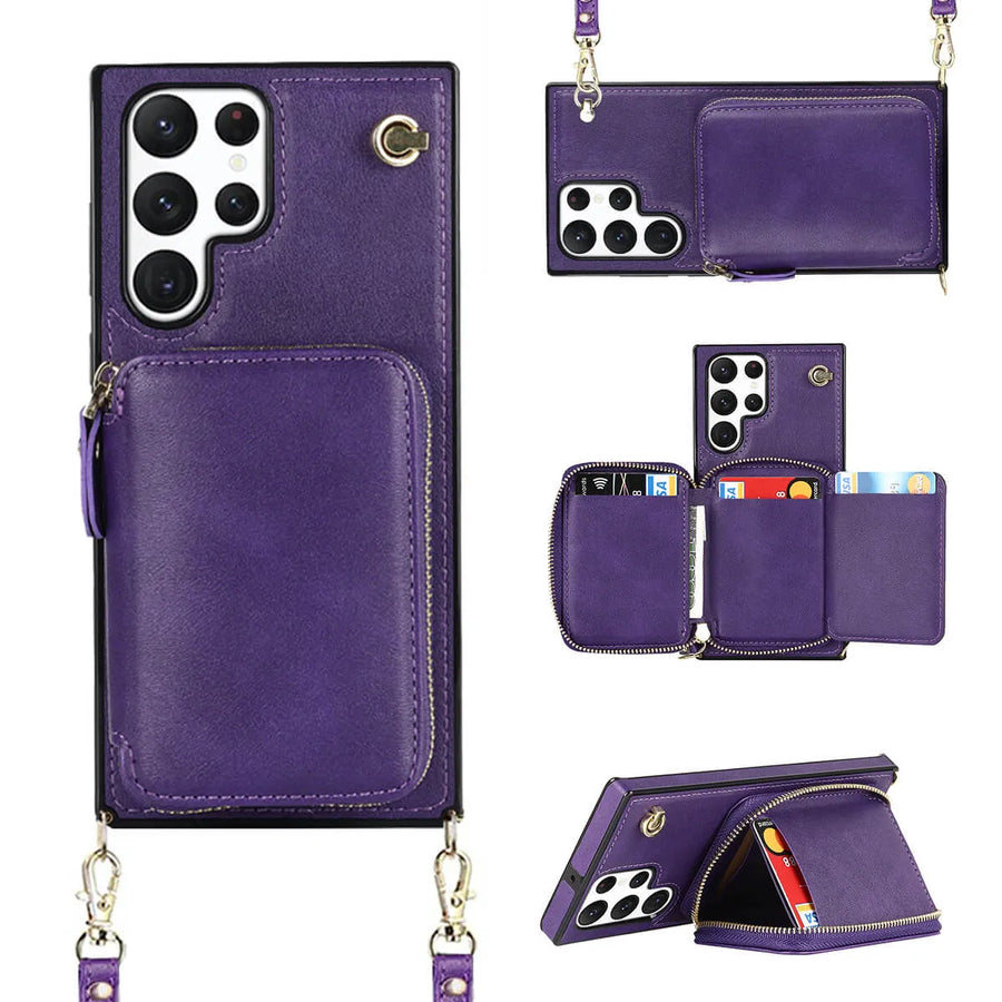 Buy Classic Crossbody Wallet Phone Case, Premium Leather, Credit Card Holder, Zipper Pocket Purse Handbag, Kickstand Shockproof Case - MOHINI at Caseles-Samsung Galaxy S25 Ultra, Mohini-Purple