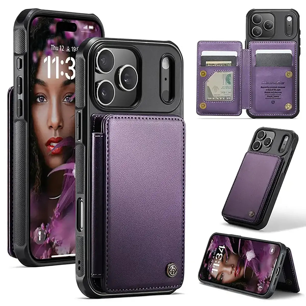 Buy Leather Flip Folio Phone Wallet Case, Magnetic Snap & RFID Blocking Card Slots, Kickstand Shockproof Protective Cover - NASH at Caseles-iPhone 17 Pro Max, Nash-Purple