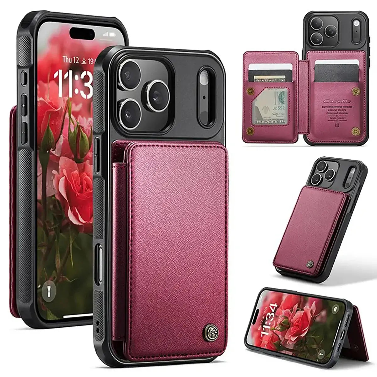 Buy Leather Flip Folio Phone Wallet Case, Magnetic Snap & RFID Blocking Card Slots, Kickstand Shockproof Protective Cover - NASH at Caseles-iPhone 17 Pro Max, Nash-Red