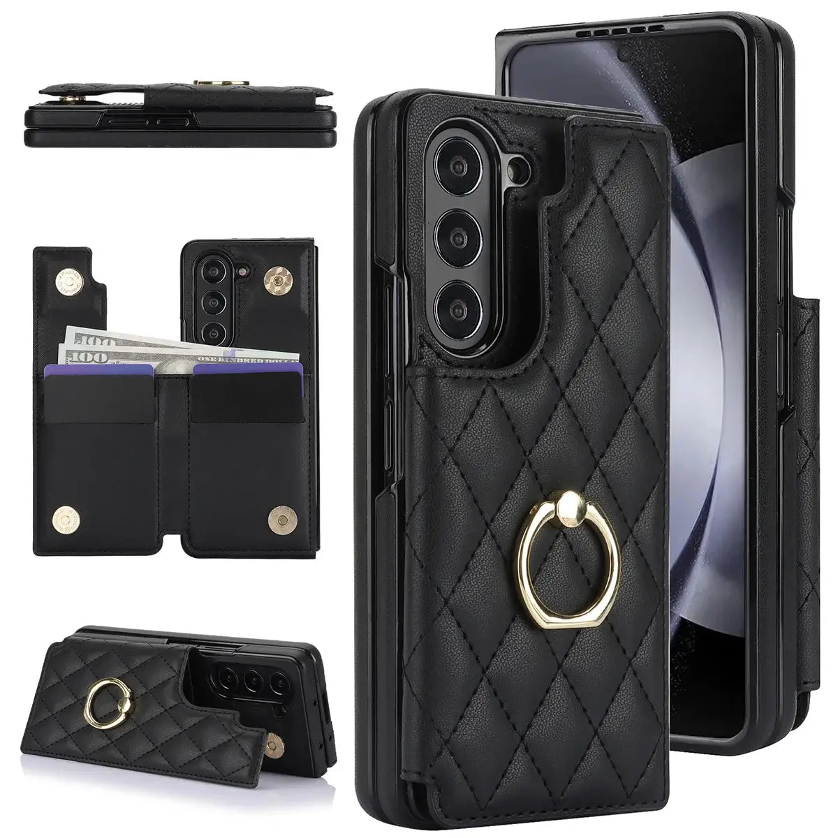 Buy Diamond Pattern Leather Wallet Case for Galaxy Z Fold, Multi-Card Slots & Ring Stand Cover - NATTIE at Caseles-Samsung Galaxy Z Fold 7, Black