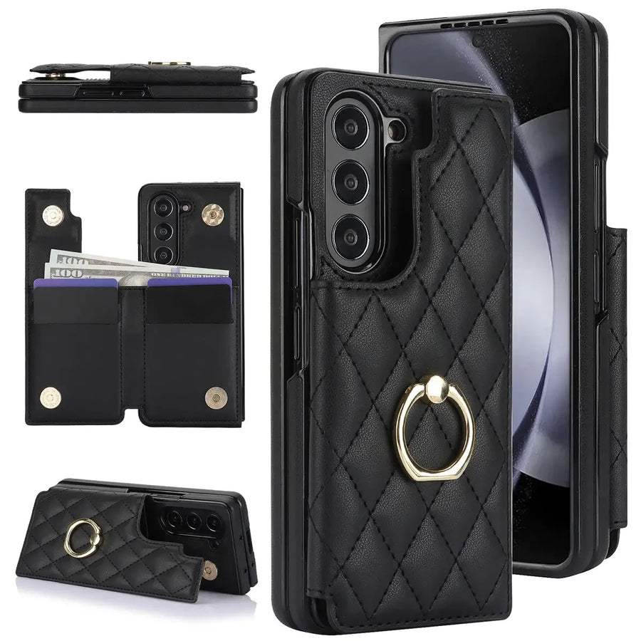Buy Diamond Pattern Leather Wallet Case for Galaxy Z Fold, Multi-Card Slots & Ring Stand Cover - NATTIE at Caseles-Samsung Galaxy Z Fold 7, Black