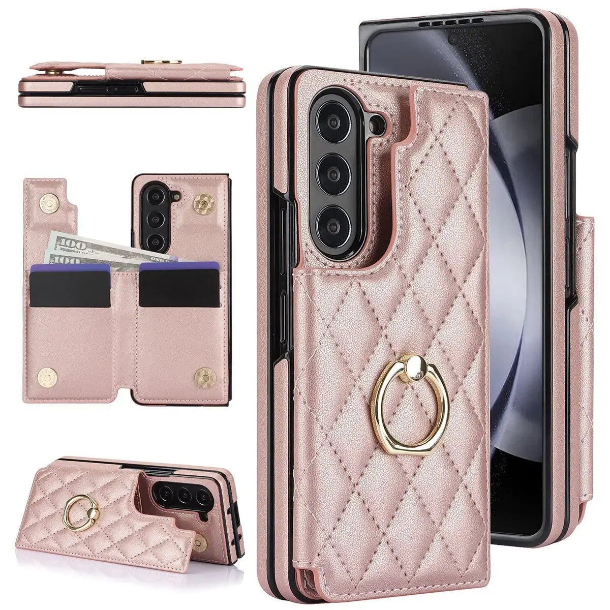 Buy Diamond Pattern Leather Wallet Case for Galaxy Z Fold, Multi-Card Slots & Ring Stand Cover - NATTIE at Caseles-Samsung Galaxy Z Fold 7, Pink