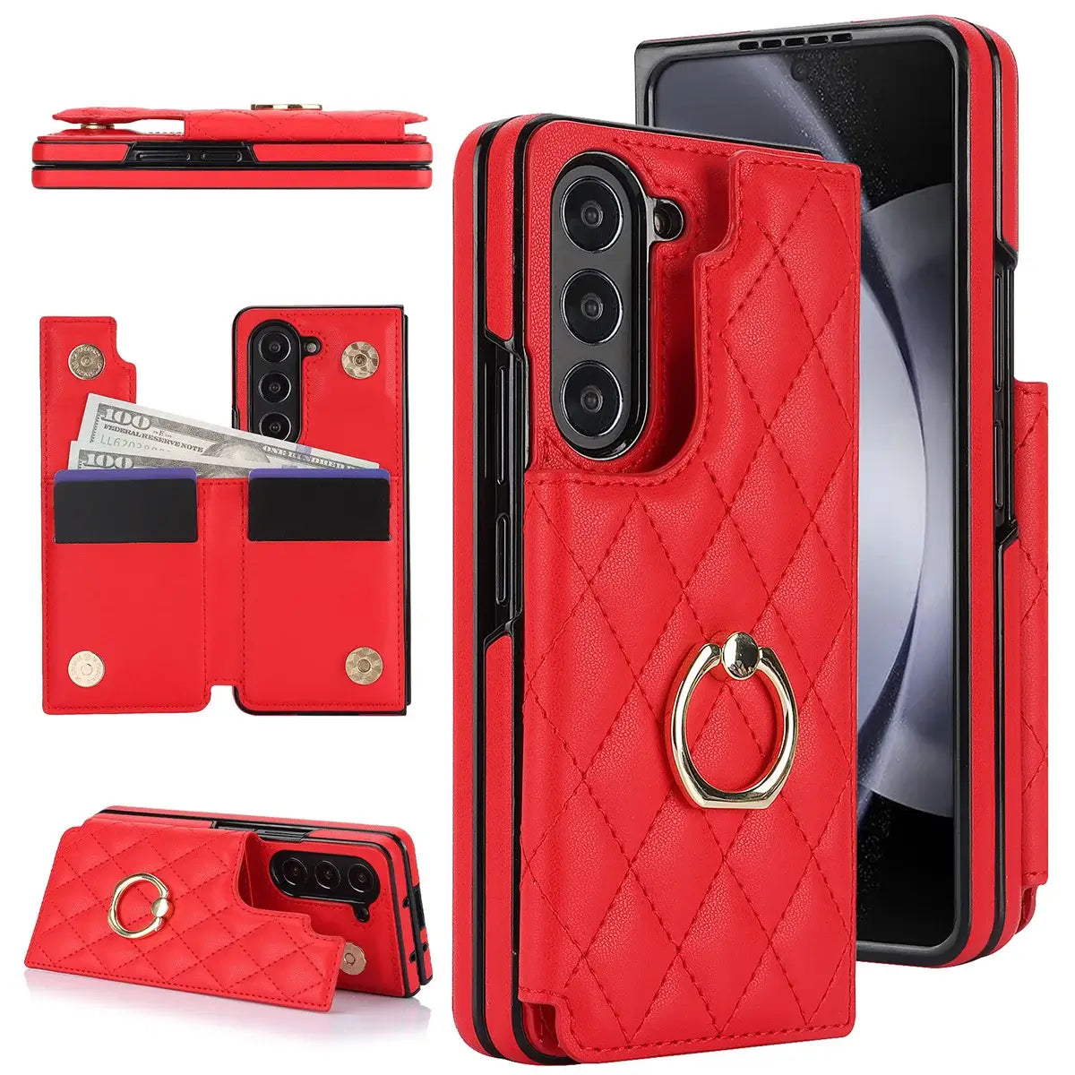 Buy Diamond Pattern Leather Wallet Case for Galaxy Z Fold, Multi-Card Slots & Ring Stand Cover - NATTIE at Caseles-Samsung Galaxy Z Fold 7, Red