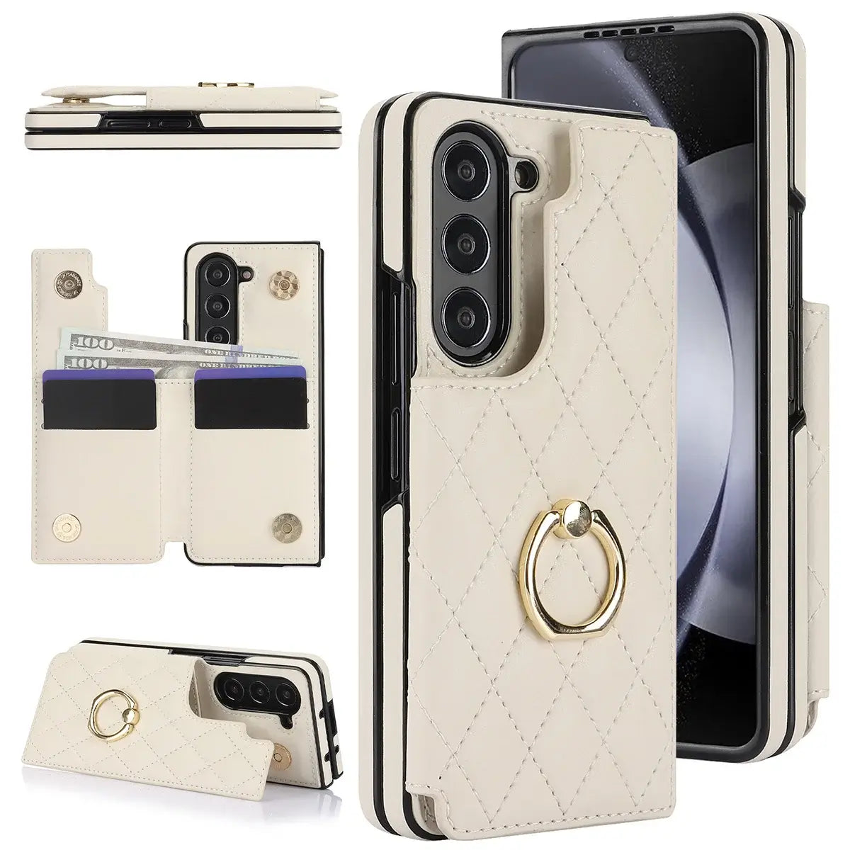 Buy Diamond Pattern Leather Wallet Case for Galaxy Z Fold, Multi-Card Slots & Ring Stand Cover - NATTIE at Caseles-Samsung Galaxy Z Fold 7, White