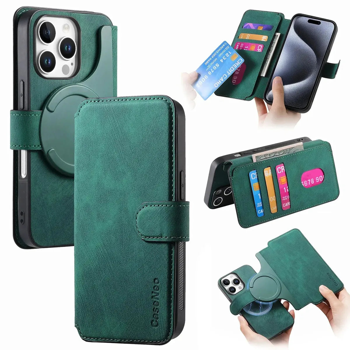 Buy Retro Magnetic Wallet Case, Support Magsafe, Detachable 2in1 Folio Flip Cover, with Card Slots - Nelson at Caseles-iPhone 16 Pro Max, Green