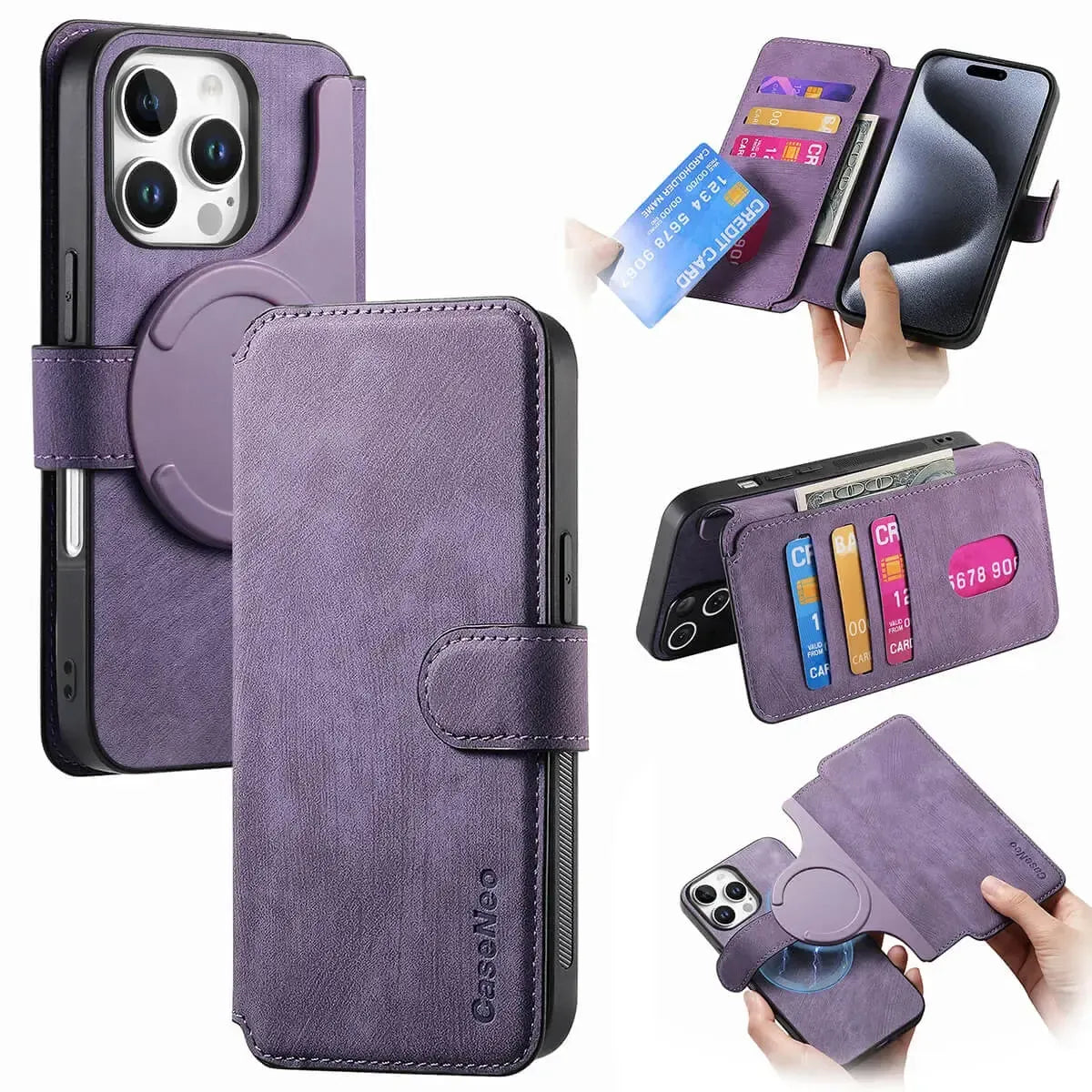 Buy Retro Magnetic Wallet Case, Support Magsafe, Detachable 2in1 Folio Flip Cover, with Card Slots - Nelson at Caseles-iPhone 16 Pro Max, Purple
