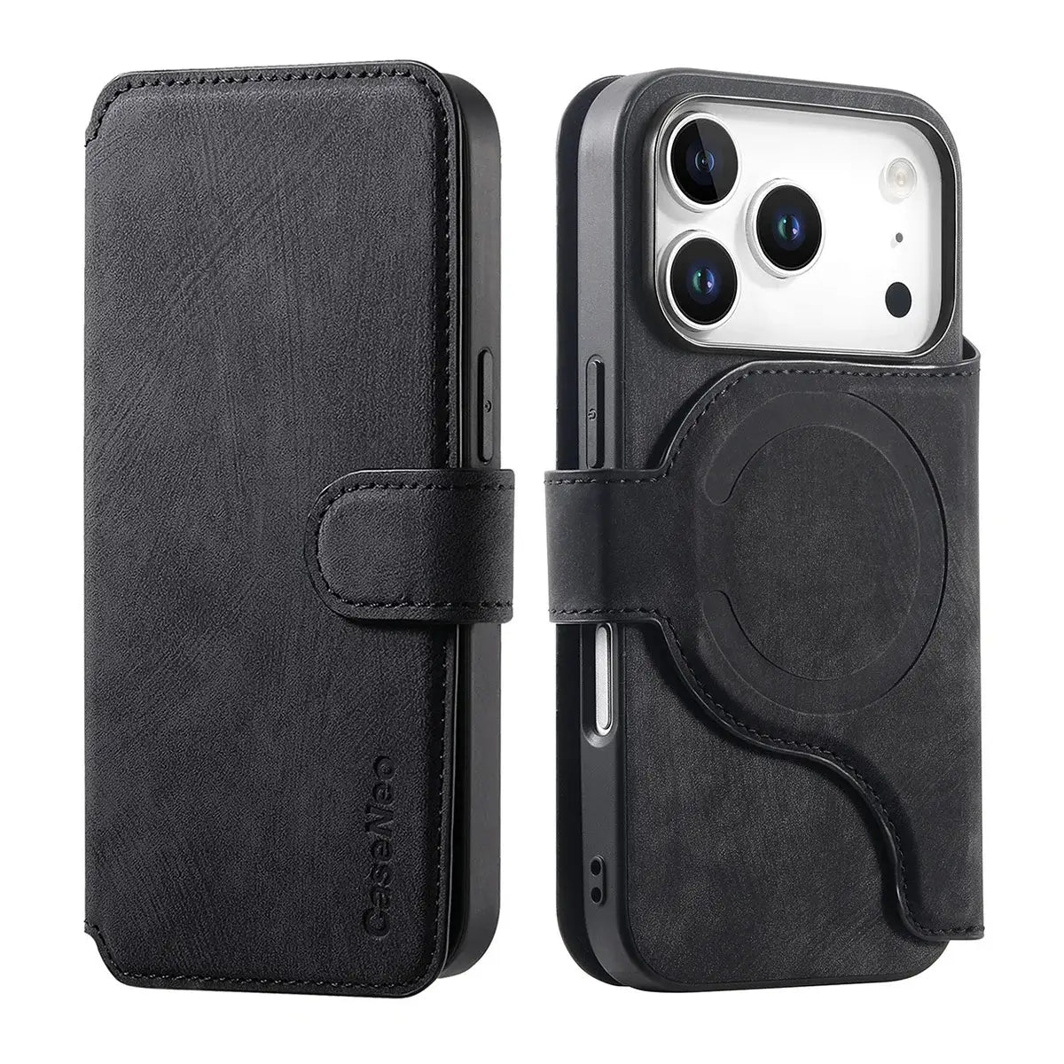 Buy Retro Magnetic Wallet Case, Support Magsafe, Detachable 2in1 Folio Flip Cover, with Card Slots - Nelson at Caseles-iPhone 17 Pro Max, Black