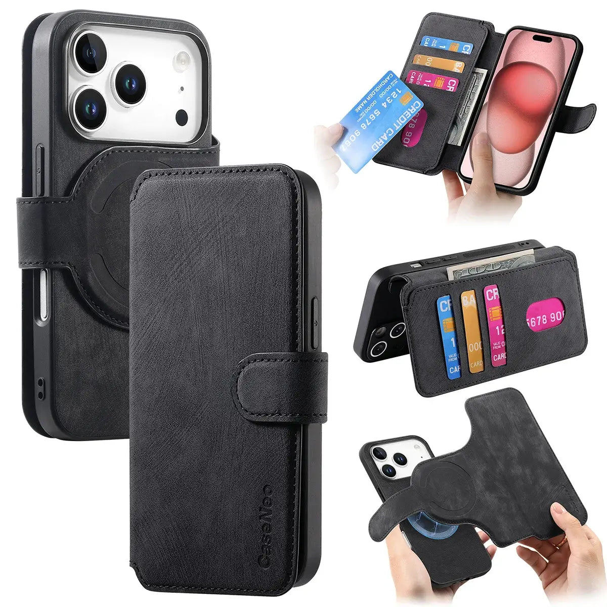 Buy Retro Magnetic Wallet Case, Support Magsafe, Detachable 2in1 Folio Flip Cover, with Card Slots - Nelson at Caseles-iPhone 17 Pro Max, Black
