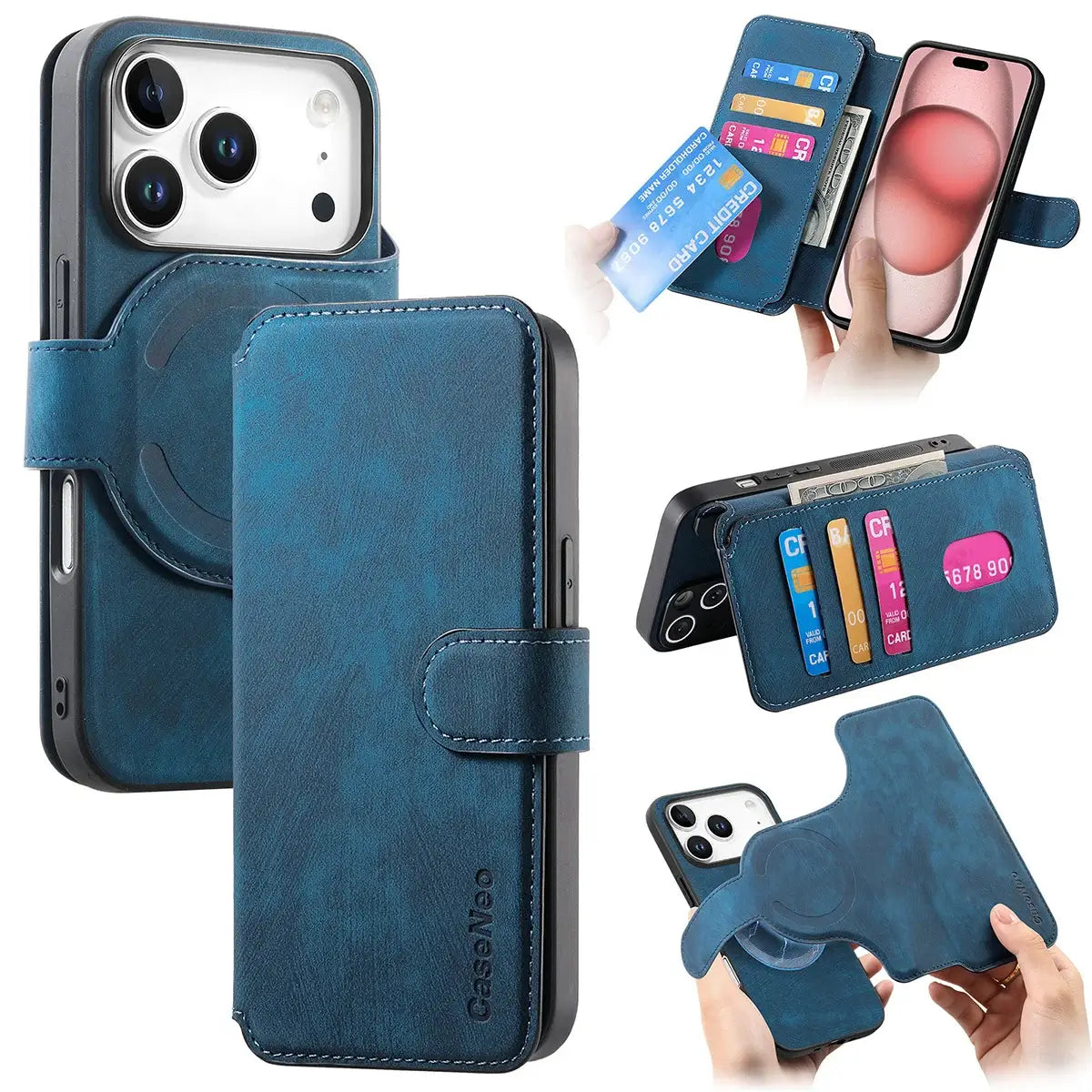 Buy Retro Magnetic Wallet Case, Support Magsafe, Detachable 2in1 Folio Flip Cover, with Card Slots - Nelson at Caseles-iPhone 17 Pro Max, Blue