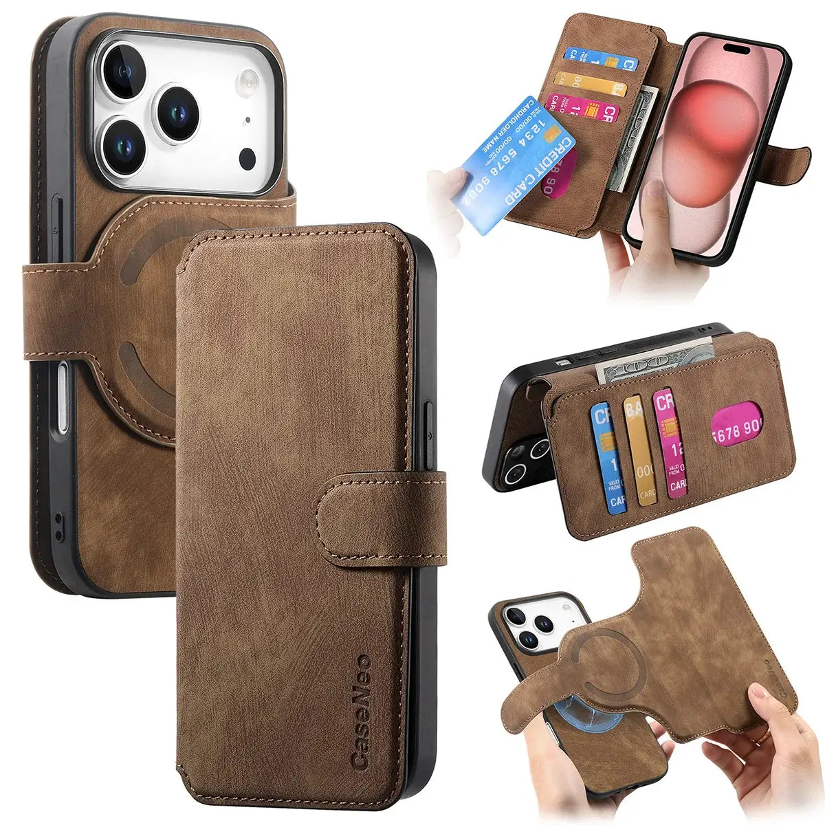Buy Retro Magnetic Wallet Case, Support Magsafe, Detachable 2in1 Folio Flip Cover, with Card Slots - Nelson at Caseles-iPhone 17 Pro Max, Brown