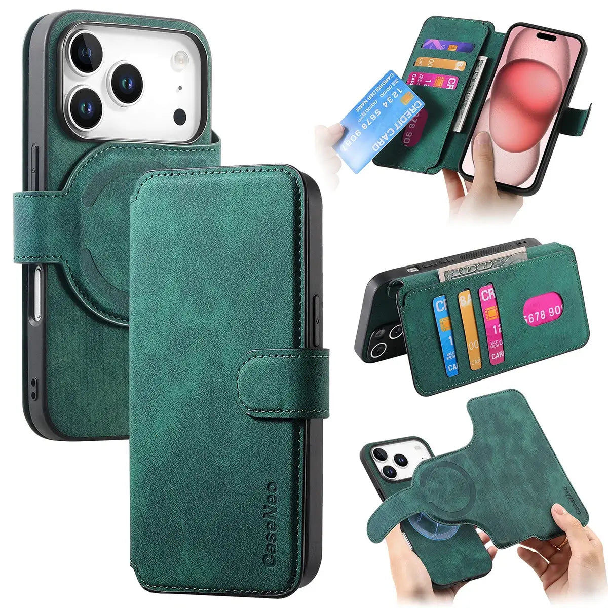 Buy Retro Magnetic Wallet Case, Support Magsafe, Detachable 2in1 Folio Flip Cover, with Card Slots - Nelson at Caseles-iPhone 17 Pro Max, Green