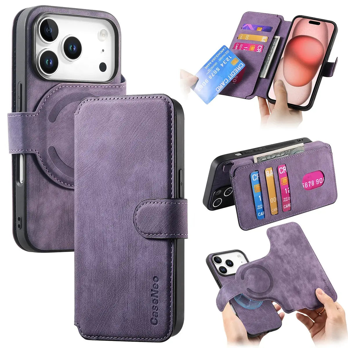Buy Retro Magnetic Wallet Case, Support Magsafe, Detachable 2in1 Folio Flip Cover, with Card Slots - Nelson at Caseles-iPhone 17 Pro Max, Purple