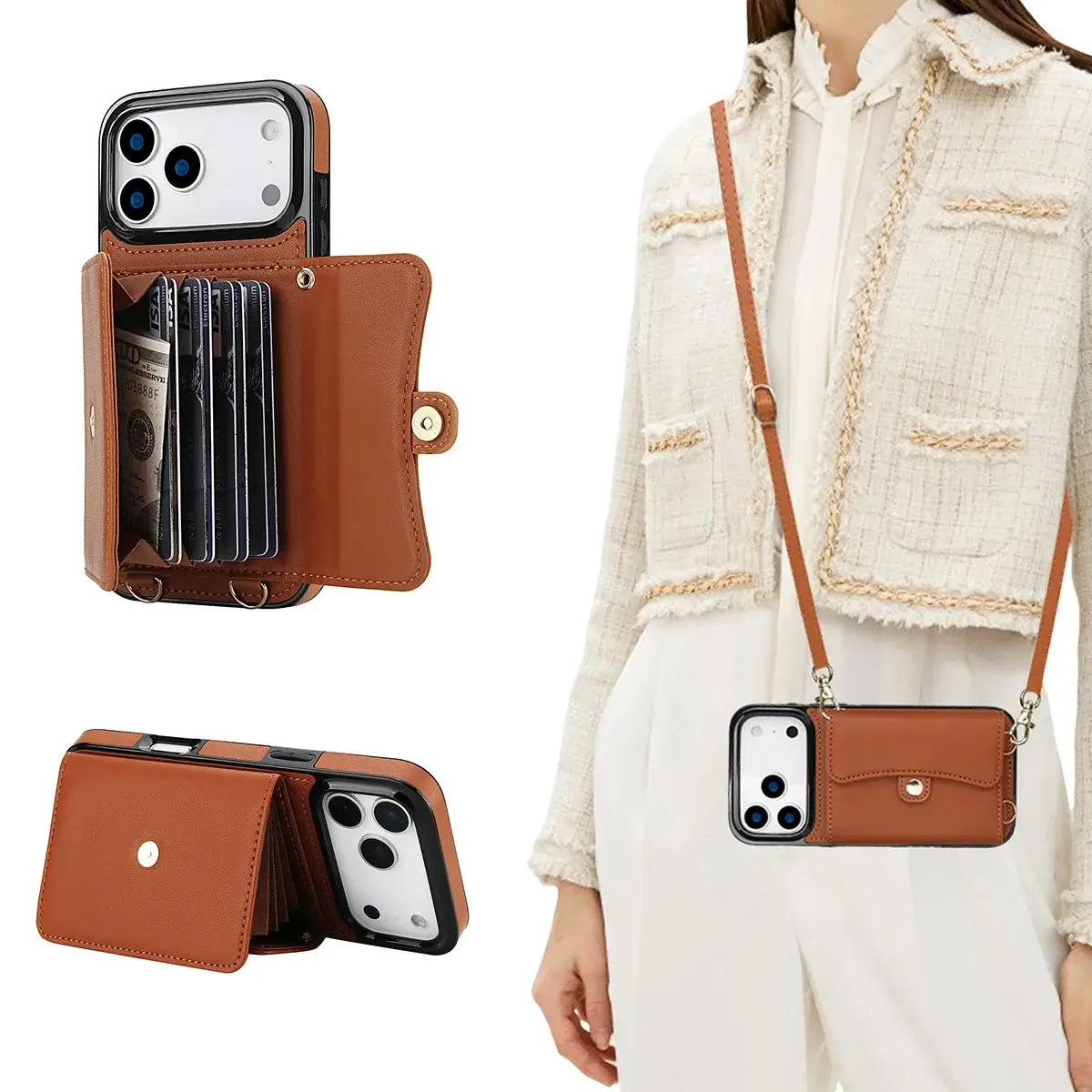 Buy Crossbody Wallet Phone Case, Magnetic Closure Flip Handbag, Leather, Card Holder, Wrist Strap Lanyard, RFID Blocking Kickstand Cover - OLIVIA at Caseles-iPhone 17 Pro Max, Oliana-Brown