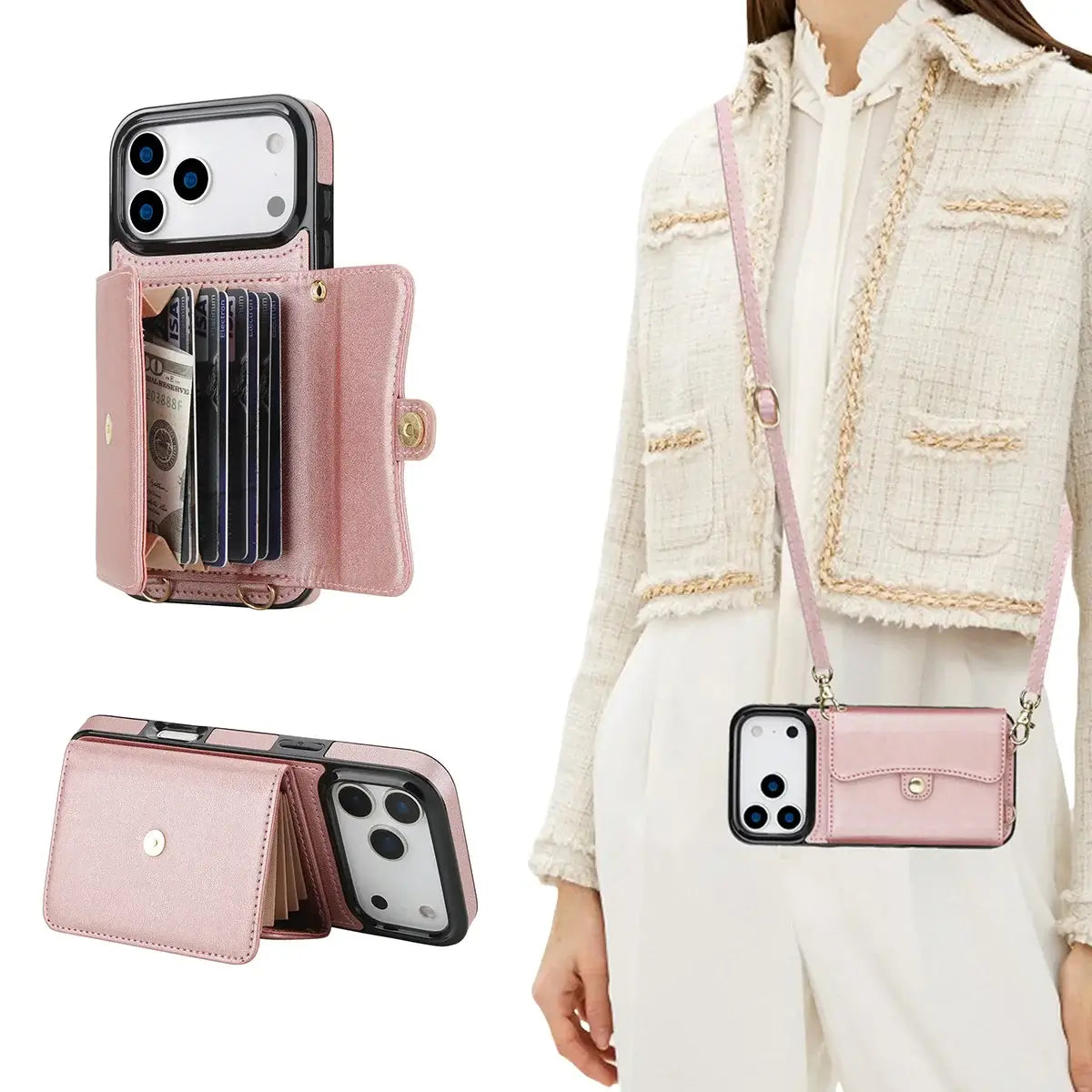 Buy Crossbody Wallet Phone Case, Magnetic Closure Flip Handbag, Leather, Card Holder, Wrist Strap Lanyard, RFID Blocking Kickstand Cover - OLIVIA at Caseles-iPhone 17 Pro Max, Oliana-Pink