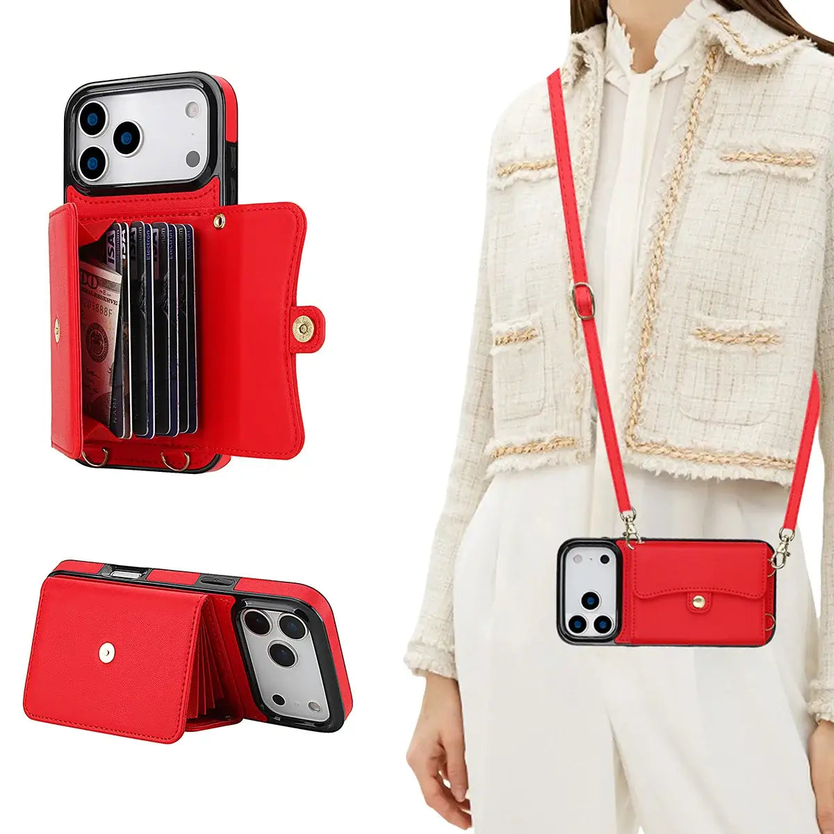 Buy Crossbody Wallet Phone Case, Magnetic Closure Flip Handbag, Leather, Card Holder, Wrist Strap Lanyard, RFID Blocking Kickstand Cover - OLIVIA at Caseles-iPhone 17 Pro Max, Olivia-Red