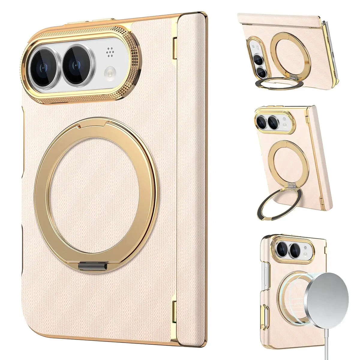 Buy Magnetic 360° Rotating Ring Stand Case with Hinge Protection, Electroplated Gold Frame & Drop-Proof Defense - ORBIS at Caseles-iPhone Ultra, Beige