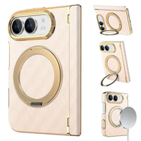 Buy Magnetic 360° Rotating Ring Stand Case with Hinge Protection, Electroplated Gold Frame & Drop-Proof Defense - ORBIS at Caseles-iPhone Ultra, Beige
