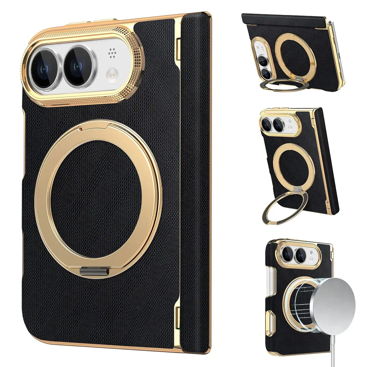 Buy Magnetic 360° Rotating Ring Stand Case with Hinge Protection, Electroplated Gold Frame & Drop-Proof Defense - ORBIS at Caseles-iPhone Ultra, Black