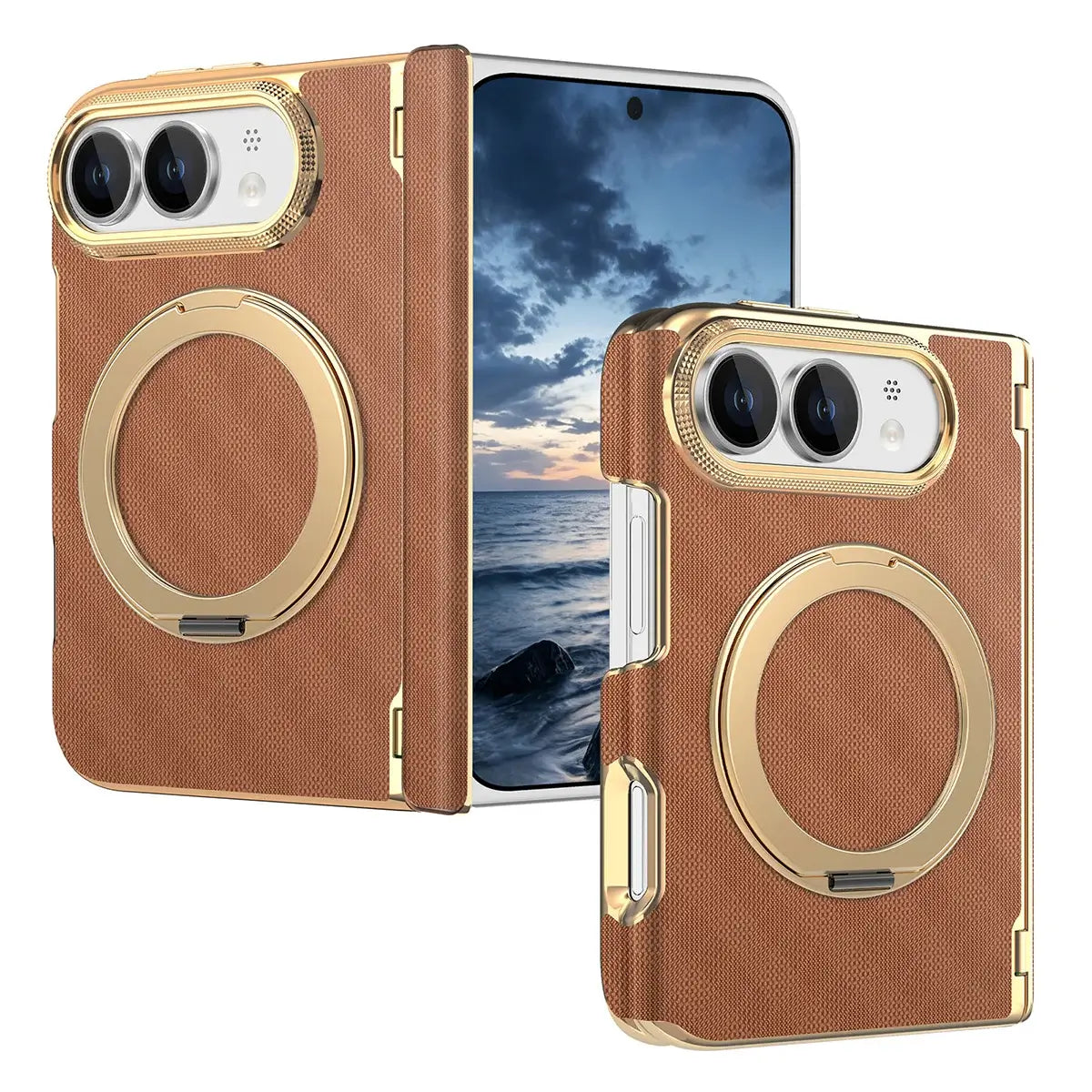 Buy Magnetic 360° Rotating Ring Stand Case with Hinge Protection, Electroplated Gold Frame & Drop-Proof Defense - ORBIS at Caseles-iPhone Ultra, Bronze