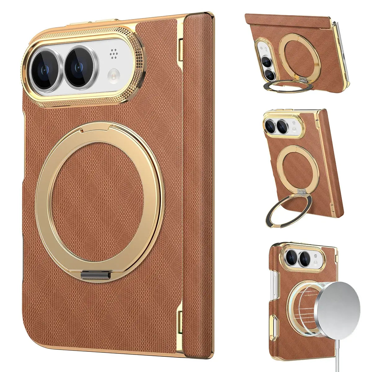 Buy Magnetic 360° Rotating Ring Stand Case with Hinge Protection, Electroplated Gold Frame & Drop-Proof Defense - ORBIS at Caseles-iPhone Ultra, Bronze