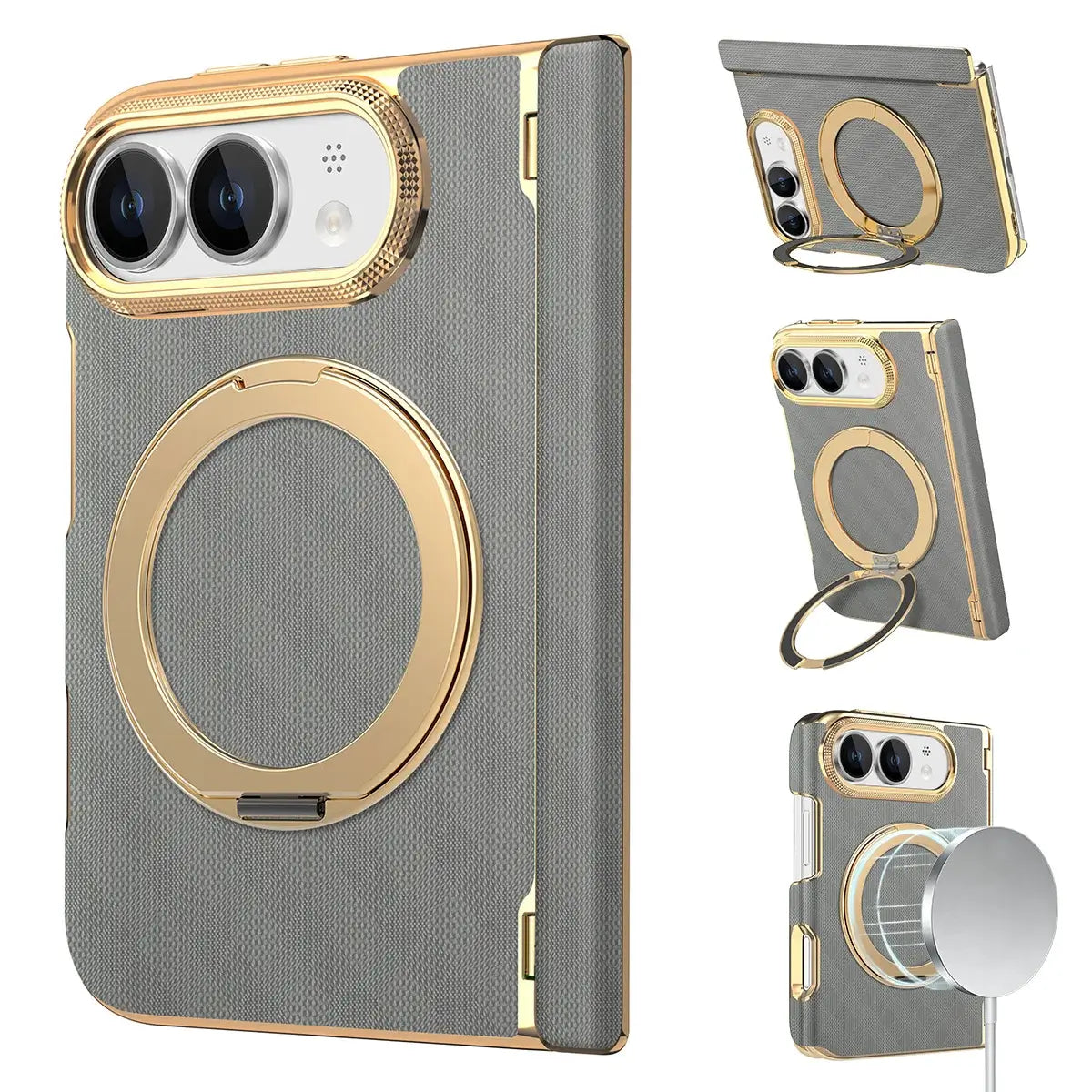 Buy Magnetic 360° Rotating Ring Stand Case with Hinge Protection, Electroplated Gold Frame & Drop-Proof Defense - ORBIS at Caseles-iPhone Ultra, Gray