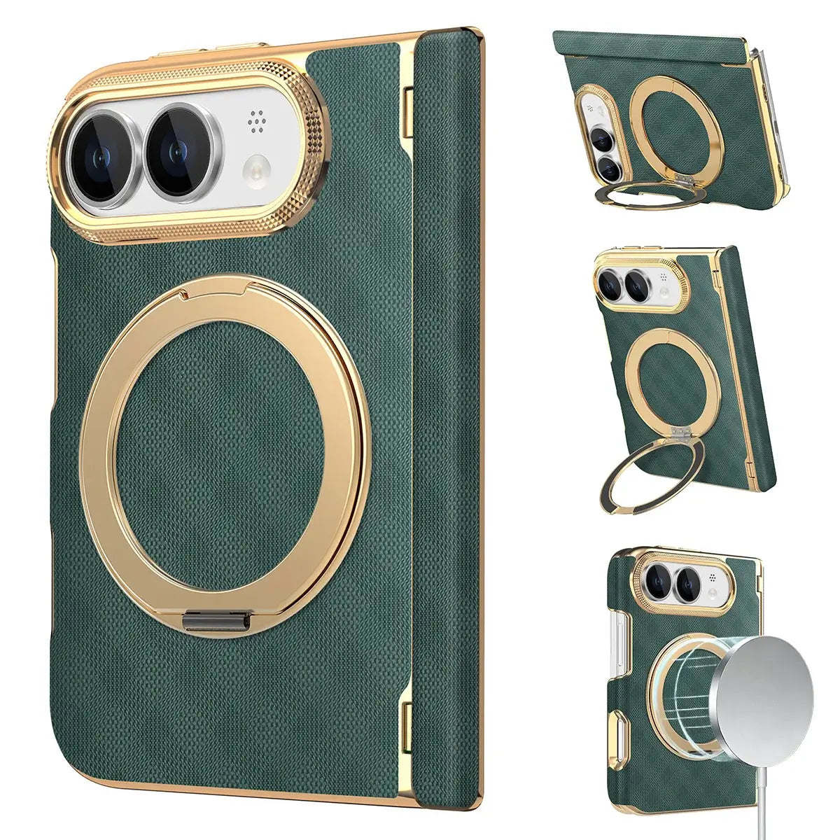 Buy Magnetic 360° Rotating Ring Stand Case with Hinge Protection, Electroplated Gold Frame & Drop-Proof Defense - ORBIS at Caseles-iPhone Ultra, Green