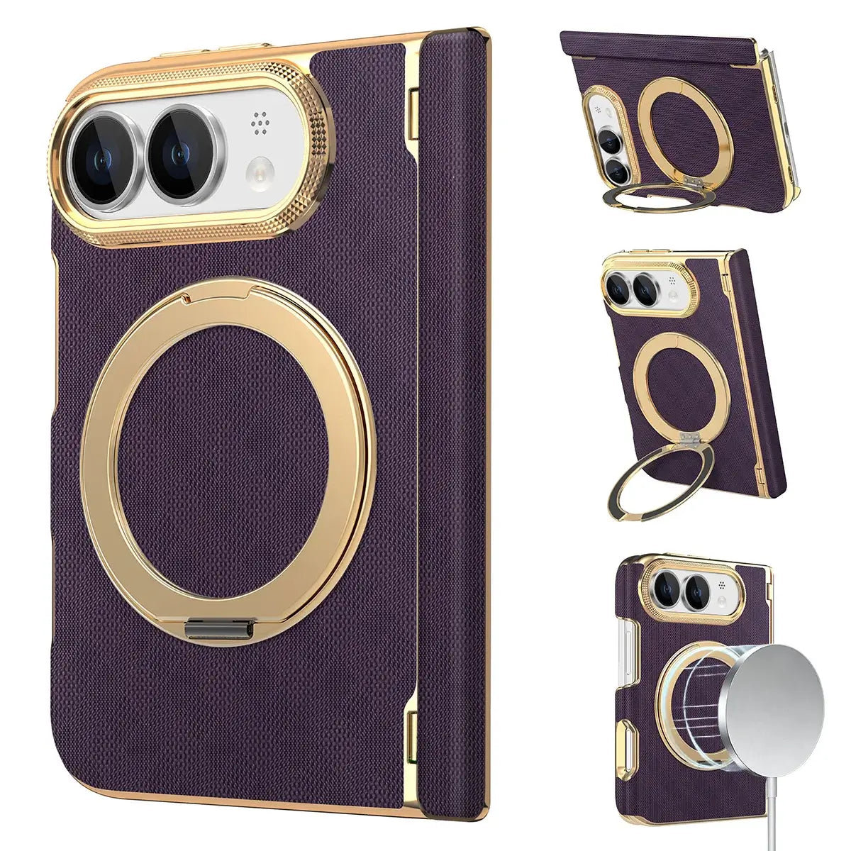 Buy Magnetic 360° Rotating Ring Stand Case with Hinge Protection, Electroplated Gold Frame & Drop-Proof Defense - ORBIS at Caseles-iPhone Ultra, Purple