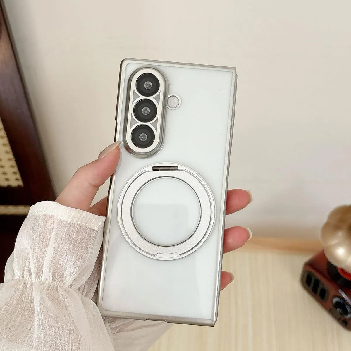 Buy Anti-Yellowing Transparent Case with 360° Rotating Magnetic Ring Stand, Built-In Screen Shield & Lens Defense - Owen at Caseles-Samsung Galaxy Z Fold 8 Ultra, Black