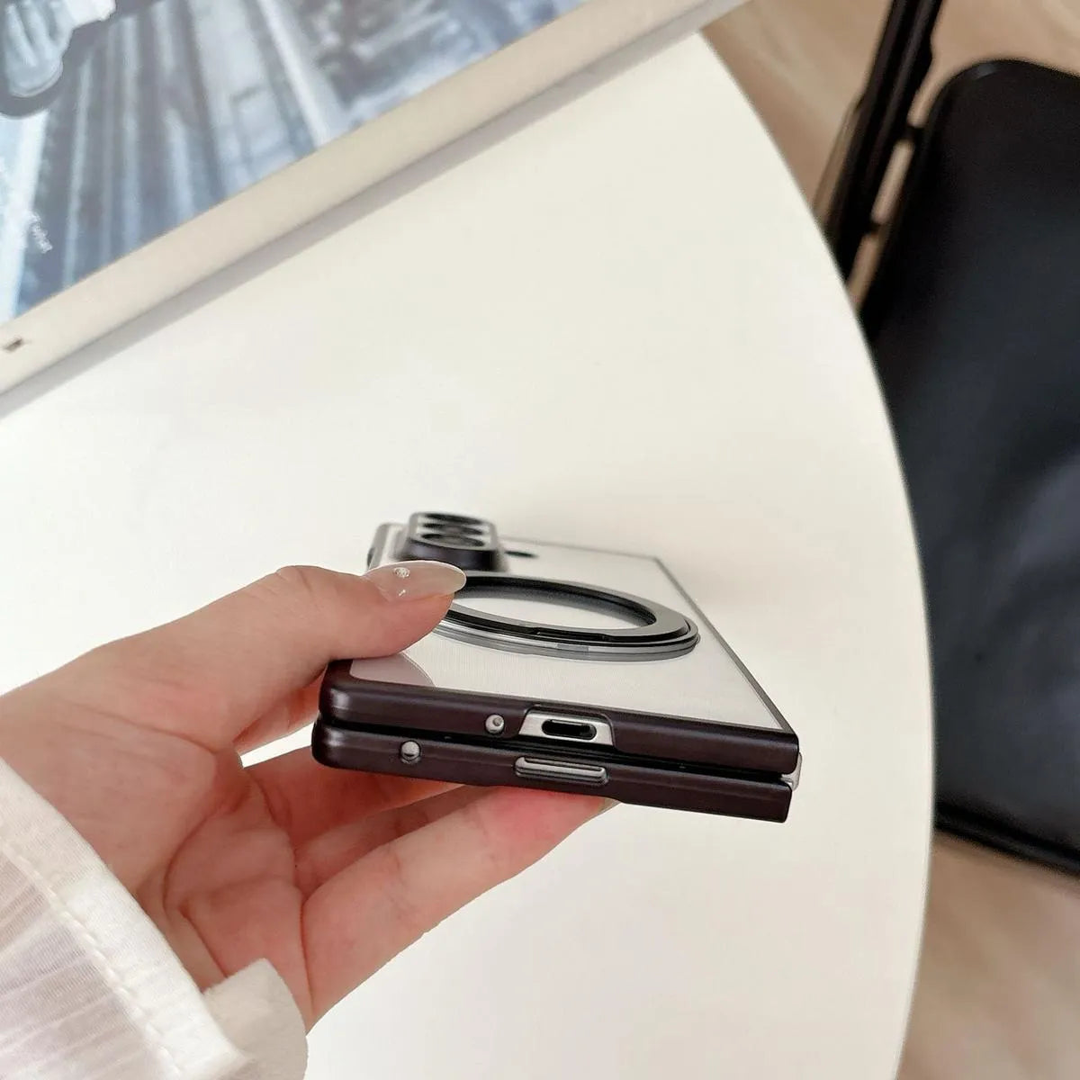 Buy Anti-Yellowing Transparent Case with 360° Rotating Magnetic Ring Stand, Built-In Screen Shield & Lens Defense - Owen at Caseles-Samsung Galaxy Z Fold 8 Ultra, Black