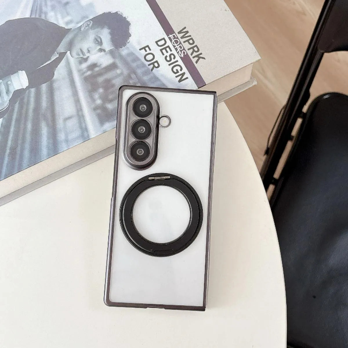 Buy Anti-Yellowing Transparent Case with 360° Rotating Magnetic Ring Stand, Built-In Screen Shield & Lens Defense - Owen at Caseles-Samsung Galaxy Z Fold 8 Ultra, Black
