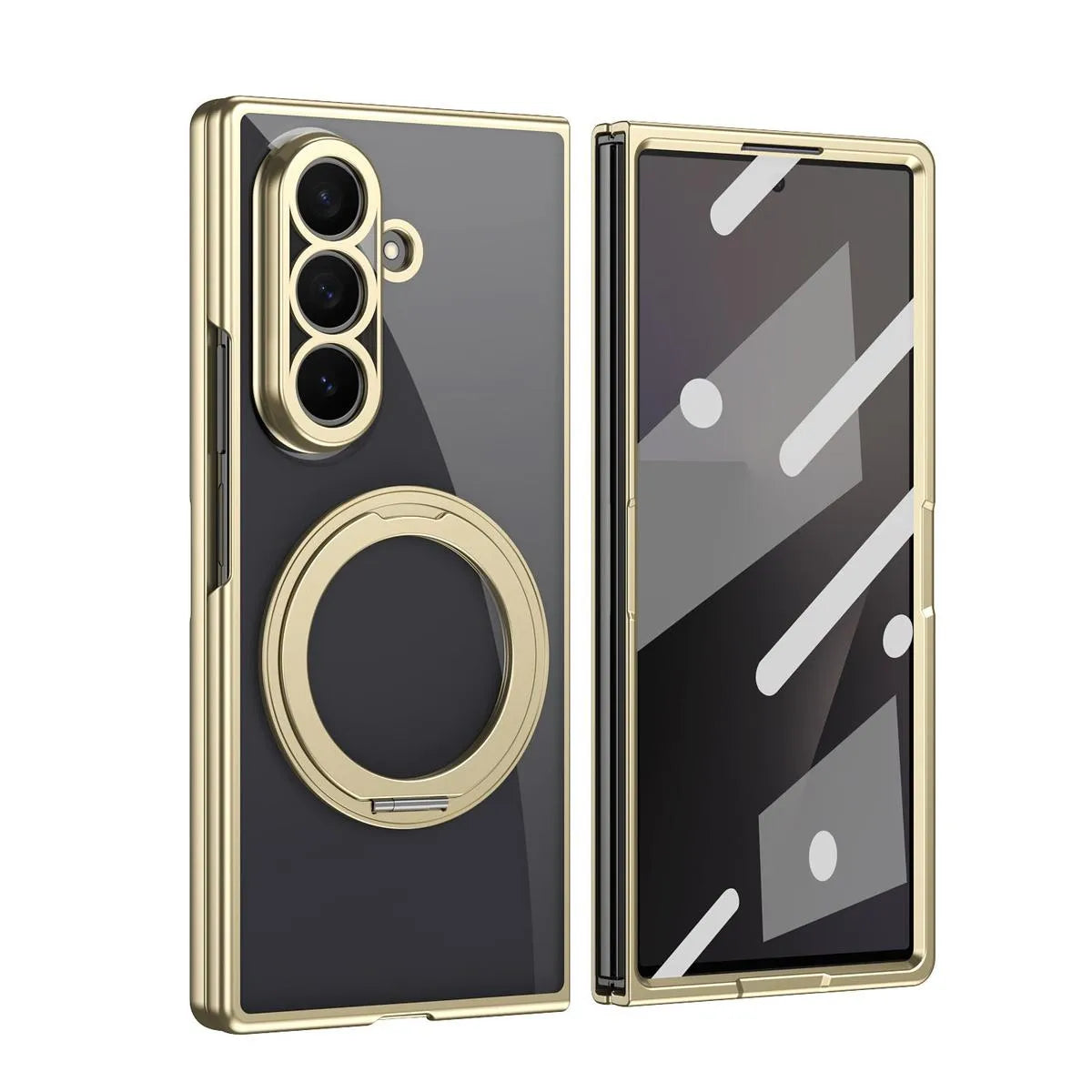 Buy Anti-Yellowing Transparent Case with 360° Rotating Magnetic Ring Stand, Built-In Screen Shield & Lens Defense - Owen at Caseles-Samsung Galaxy Z Fold 8 Ultra, Gold
