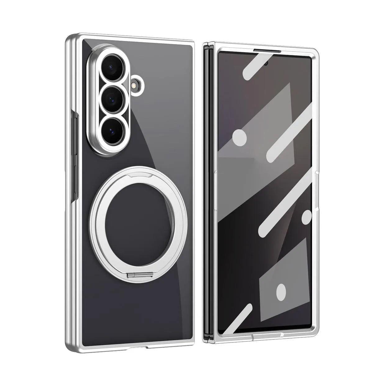 Buy Anti-Yellowing Transparent Case with 360° Rotating Magnetic Ring Stand, Built-In Screen Shield & Lens Defense - Owen at Caseles-Samsung Galaxy Z Fold 8 Ultra, Silver