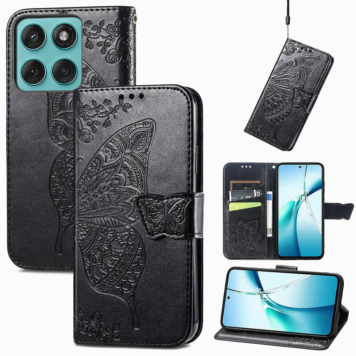 Buy Wallet Case for Motorola, Leather Flip Cover with Card Slots, Wrist Strap, Butterfly Embossed Design, Stand Feature - PENNY at Caseles-Motorola Edge+ (2025), Black