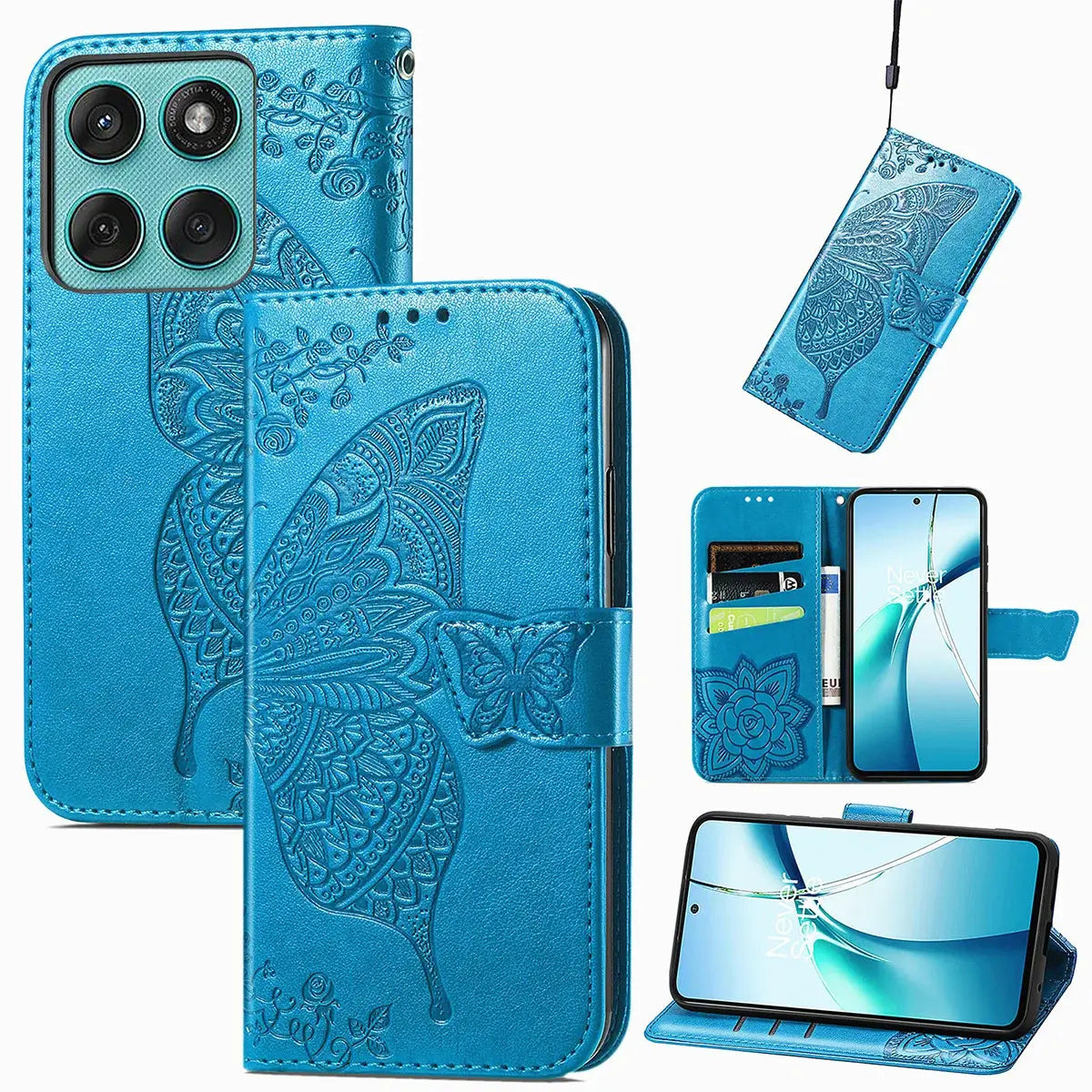 Buy Wallet Case for Motorola, Leather Flip Cover with Card Slots, Wrist Strap, Butterfly Embossed Design, Stand Feature - PENNY at Caseles-Motorola Edge+ (2025), Blue