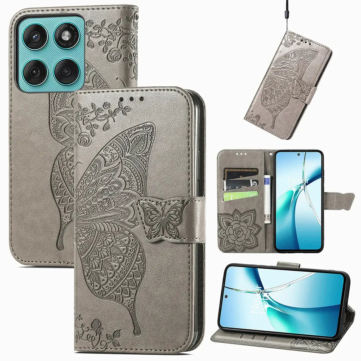 Buy Wallet Case for Motorola, Leather Flip Cover with Card Slots, Wrist Strap, Butterfly Embossed Design, Stand Feature - PENNY at Caseles-Motorola Edge+ (2025), Grey