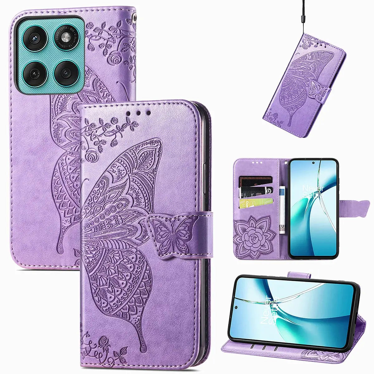 Buy Wallet Case for Motorola, Leather Flip Cover with Card Slots, Wrist Strap, Butterfly Embossed Design, Stand Feature - PENNY at Caseles-Motorola Edge+ (2025), Light Purple