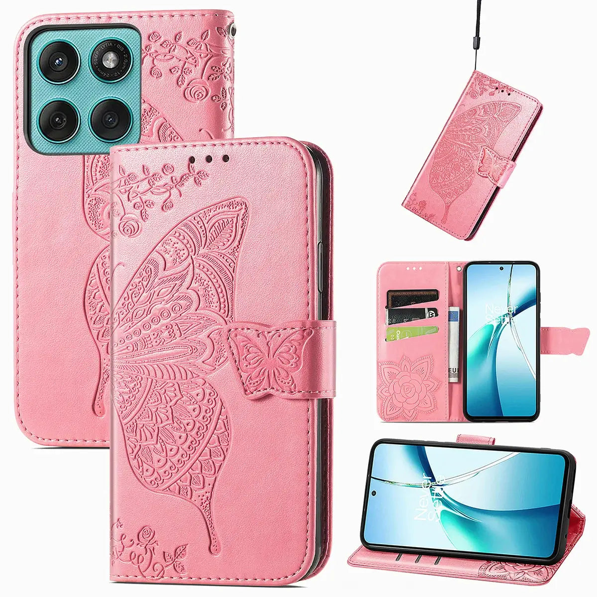 Buy Wallet Case for Motorola, Leather Flip Cover with Card Slots, Wrist Strap, Butterfly Embossed Design, Stand Feature - PENNY at Caseles-Motorola Edge+ (2025), Pink